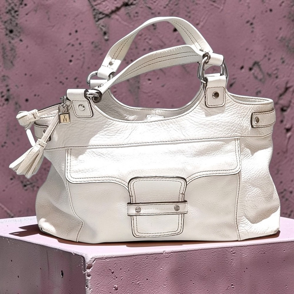 VTG Tommy Hilfiger White Leather Satchel Shoulder Bag Preppy Y2K Slouchy Hobo